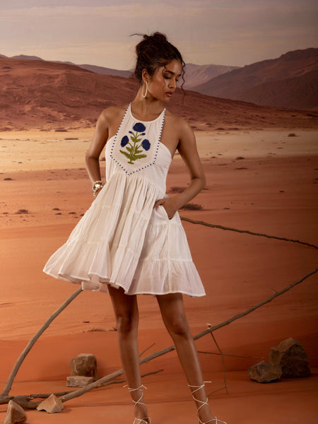 Handblock Print Tiered Mini Dress