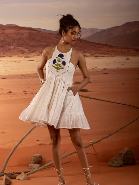 Handblock Print Tiered Mini Dress