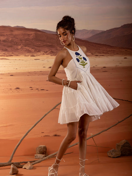 Handblock Print Tiered Mini Dress