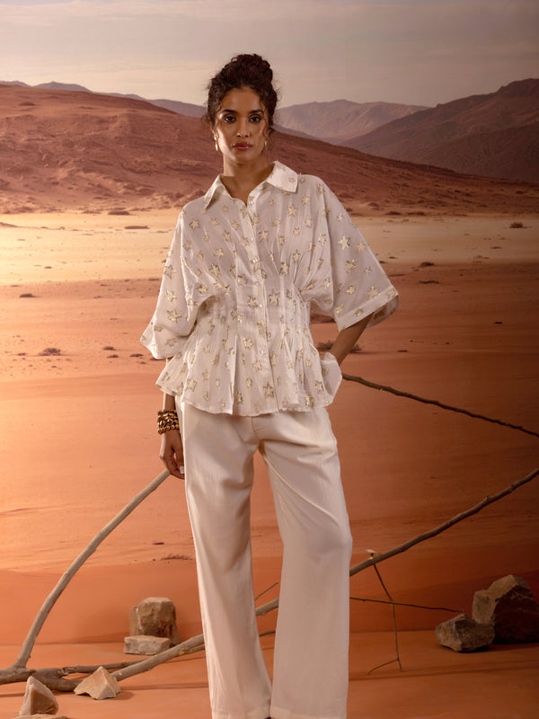 Sheer Gold Star Lurex Peplum Shirt
