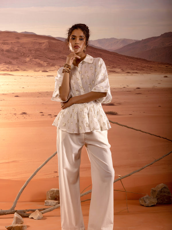 Sheer Gold Star Lurex Peplum Shirt