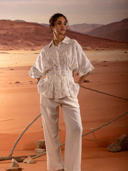 Sheer Gold Star Lurex Peplum Shirt
