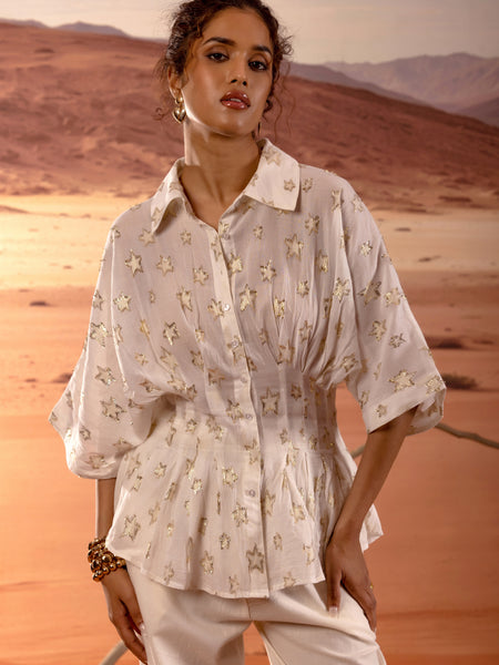 Sheer Gold Star Lurex Peplum Shirt