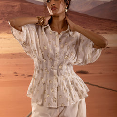 Sheer Gold Star Lurex Peplum Shirt