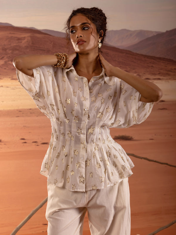 Sheer Gold Star Lurex Peplum Shirt