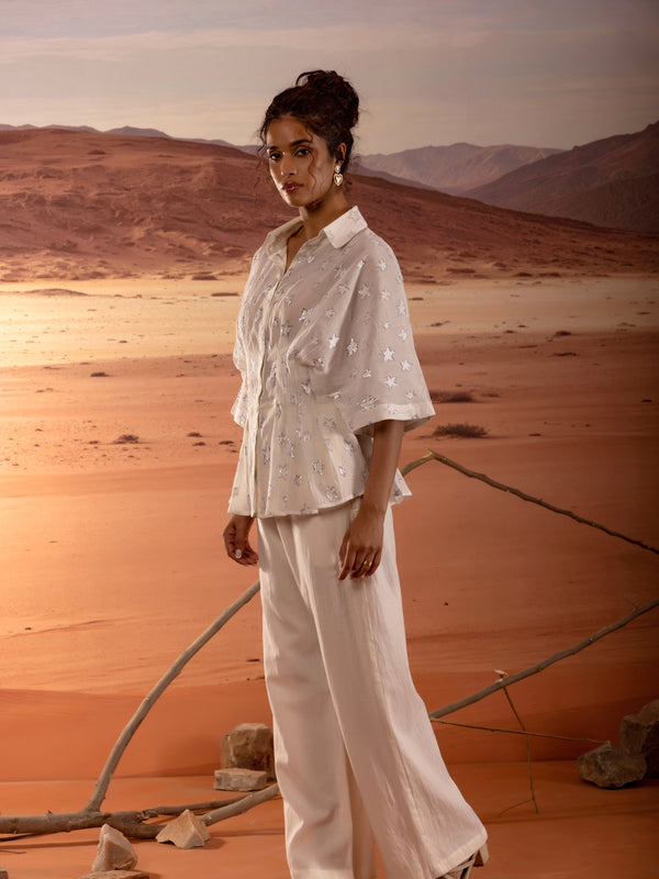 Sheer Silver Star Lurex Peplum Shirt