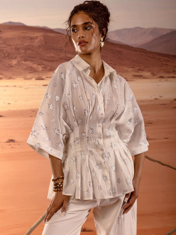 Sheer Silver Star Lurex Peplum Shirt
