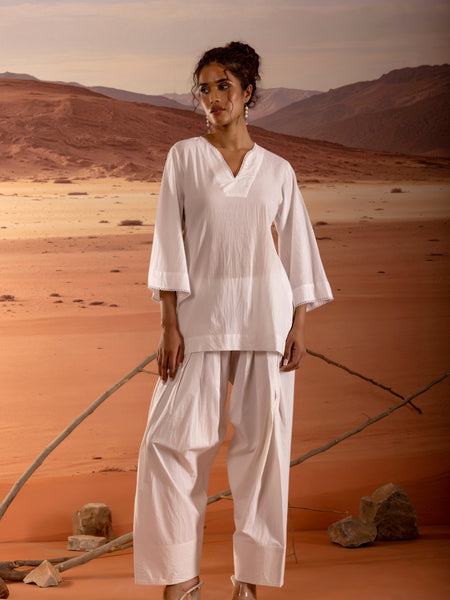 V-Neck Straight Kurta with Lace Detail