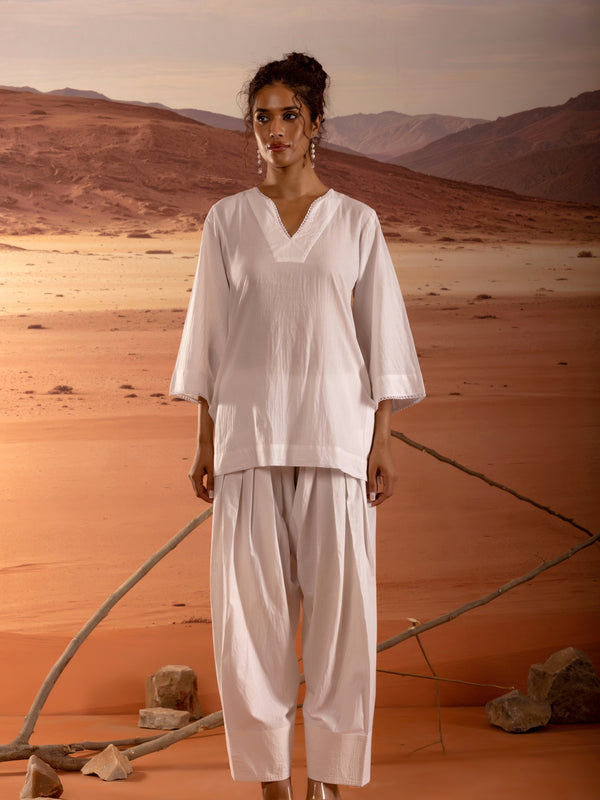 V-Neck Straight Kurta with Lace Detail