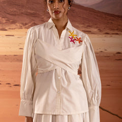 Off White Poplin Wrap Embroidered Shirt