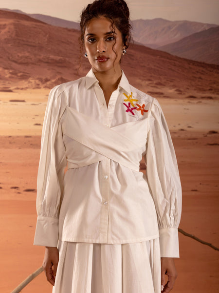 Off White Poplin Wrap Embroidered Shirt