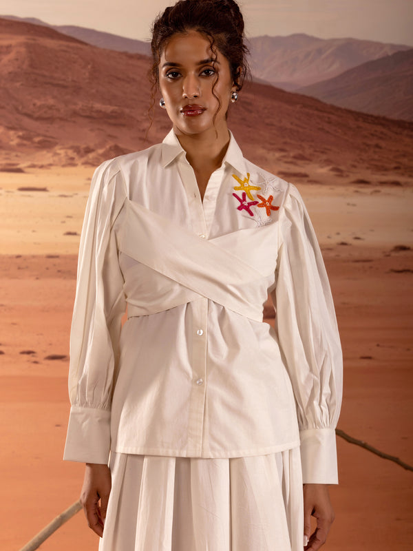 Off White Poplin Wrap Embroidered Shirt