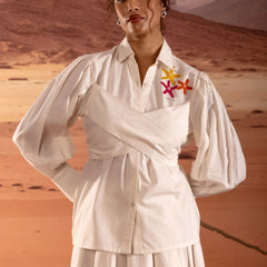 Off White Poplin Wrap Embroidered Shirt