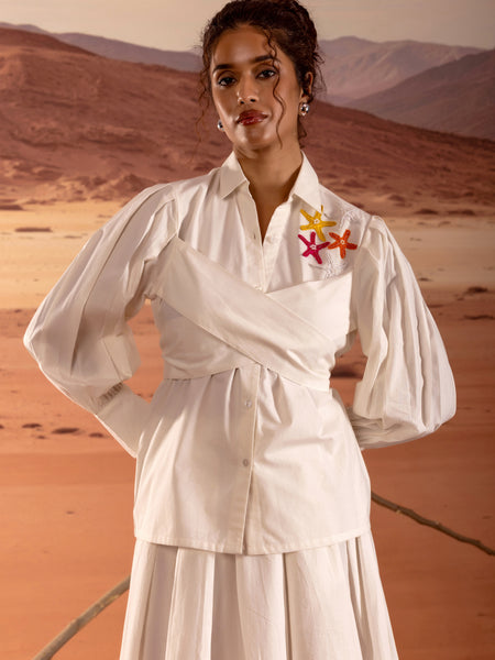 Off White Poplin Wrap Embroidered Shirt