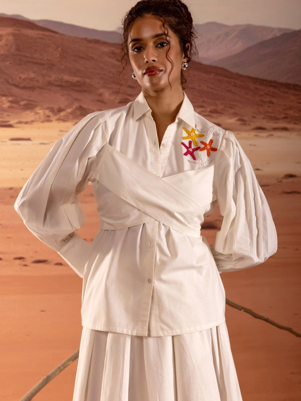 Off White Poplin Wrap Embroidered Shirt