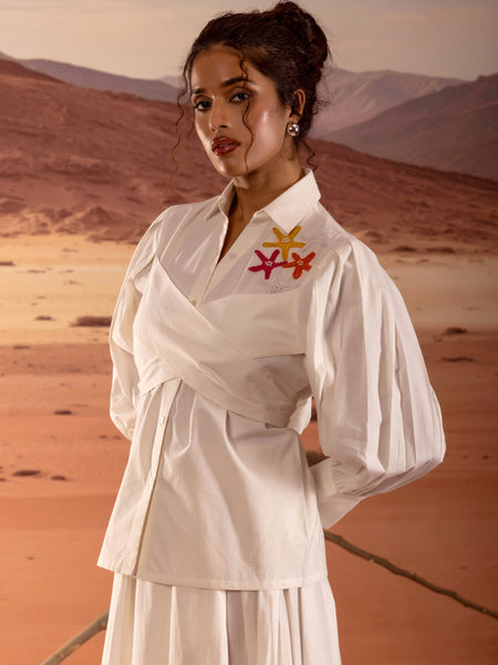 Off White Poplin Wrap Embroidered Shirt