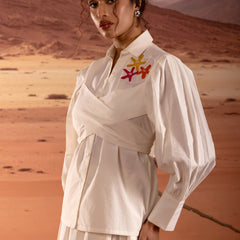 Off White Poplin Wrap Embroidered Shirt