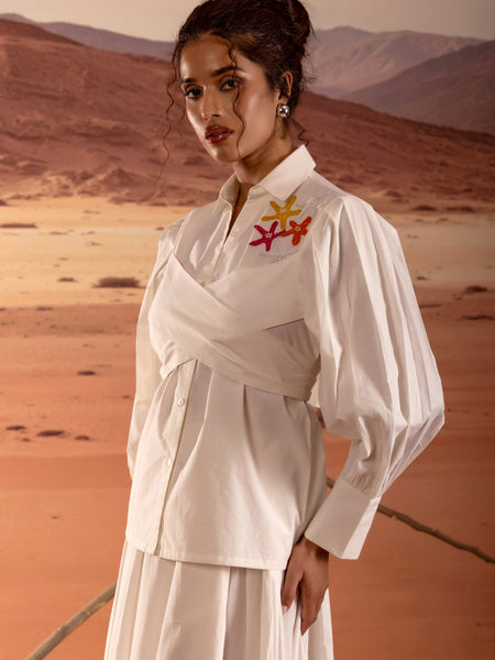 Off White Poplin Wrap Embroidered Shirt