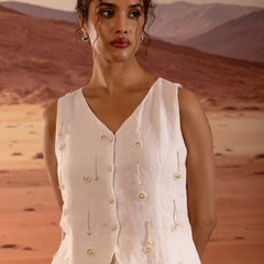 Linen Embellished V Neck Button Down Top