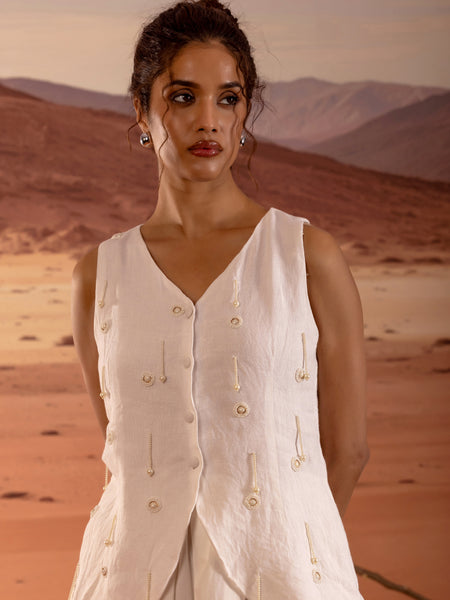 Linen Embellished V Neck Button Down Top