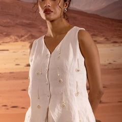 Linen Embellished V Neck Button Down Top