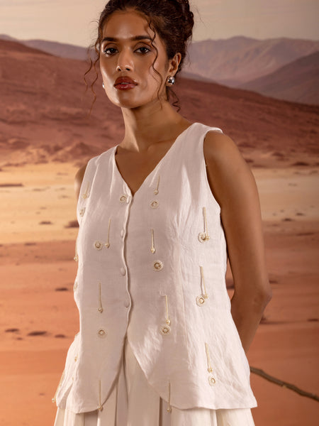 Linen Embellished V Neck Button Down Top