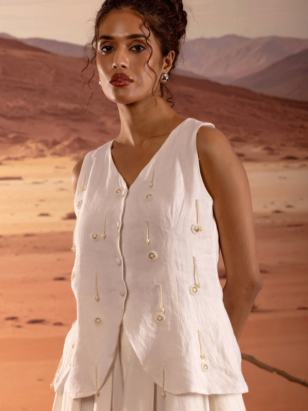 Linen Embellished V Neck Button Down Top