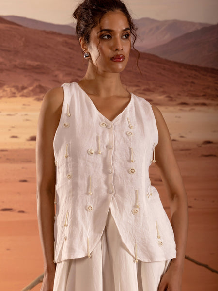 Linen Embellished V Neck Button Down Top