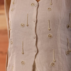 Linen Embellished V Neck Button Down Top
