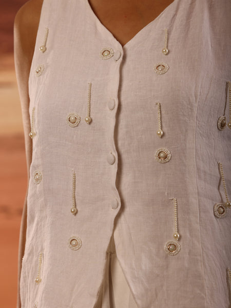 Linen Embellished V Neck Button Down Top