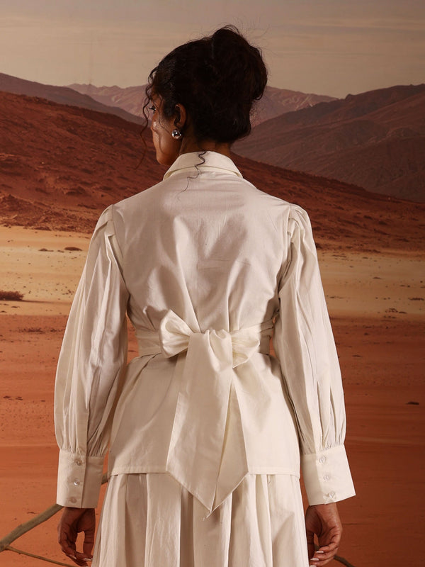 Off White Poplin Wrap Embroidered Shirt