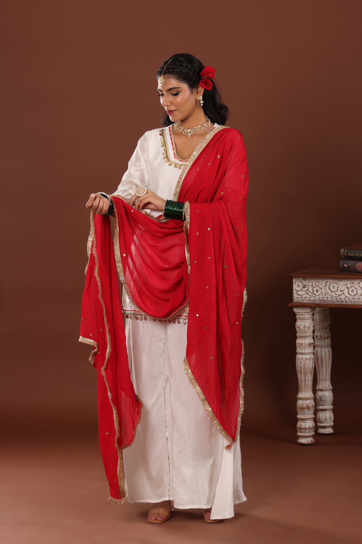 Red sequin embroidered Dupatta