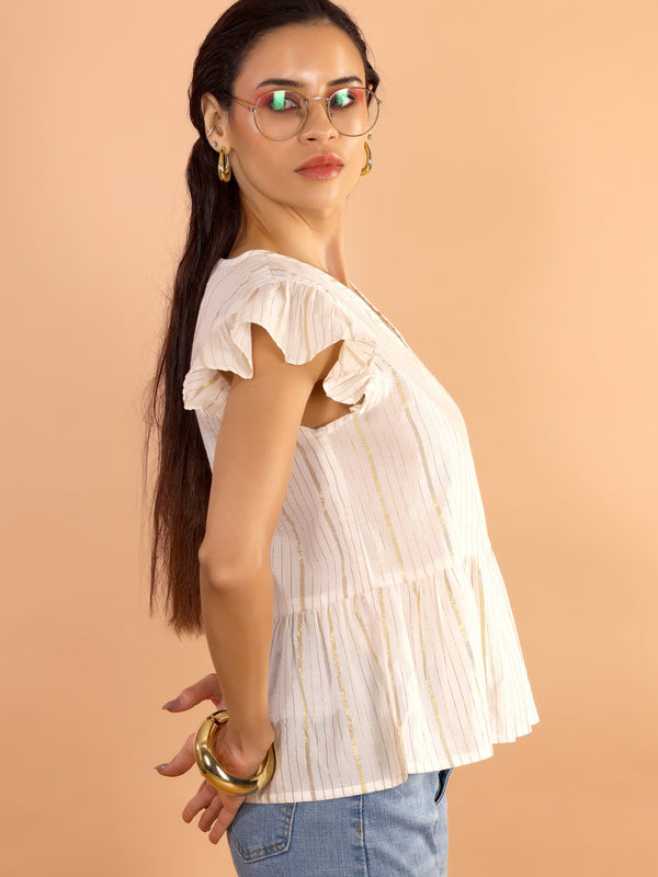 Ivory Gold Striped Ruffle Sleeve Top - Jiraazi