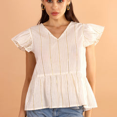 Ivory Gold Striped Ruffle Sleeve Top - Jiraazi