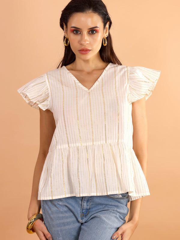 Ivory Gold Striped Ruffle Sleeve Top - Jiraazi