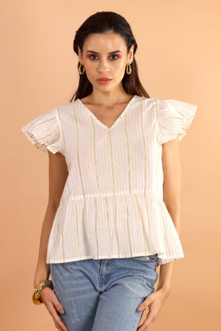 Ivory Gold Striped Ruffle Sleeve Top