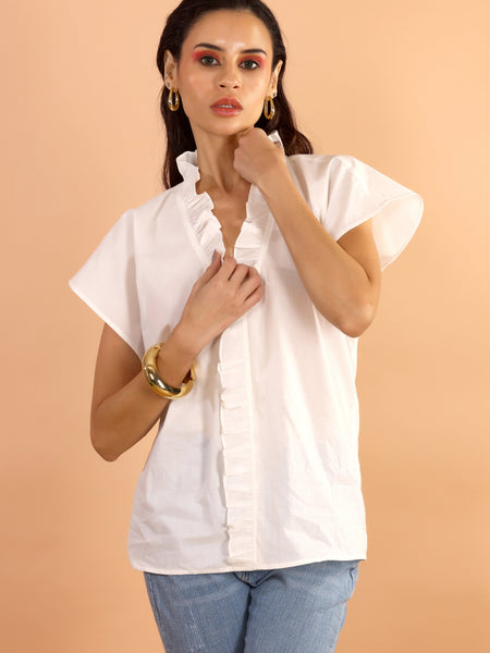 Classic White Ruffle V-Neck Top - Jiraazi