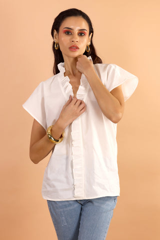 Classic White Ruffle V-Neck Top
