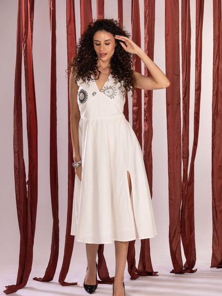 Starry glaze poplin off white embroidered dress - Jiraazi