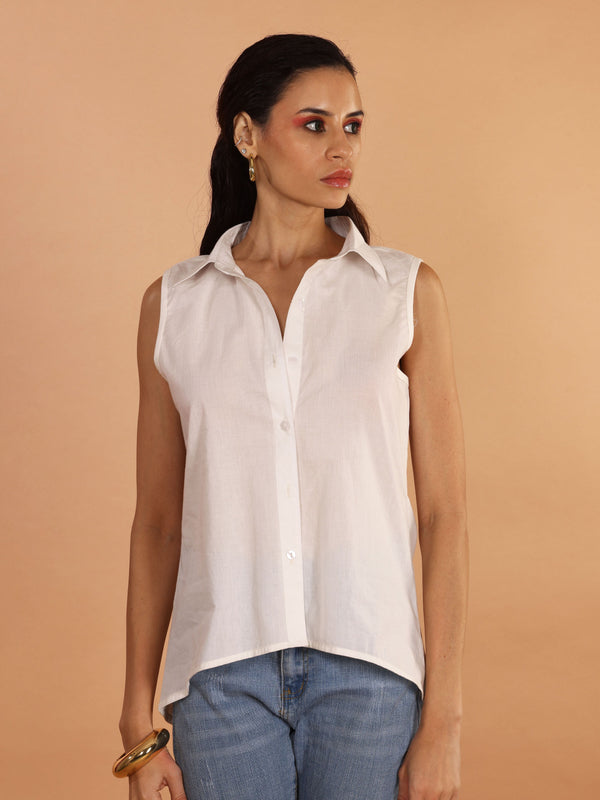 White Cotton cut sleeve Top - Jiraazi