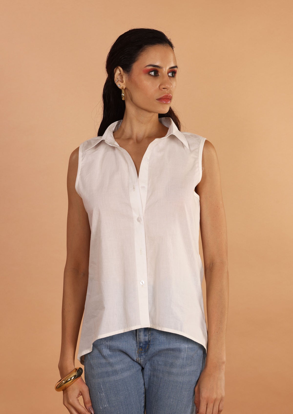 White Cotton cut sleeve Top