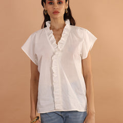 Classic White Ruffle V-Neck Top - Jiraazi