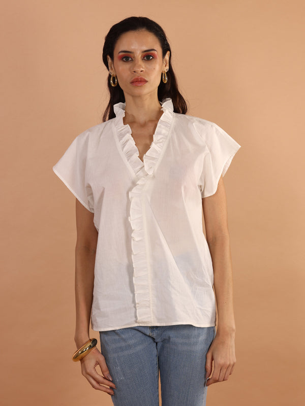 Classic White Ruffle V-Neck Top - Jiraazi