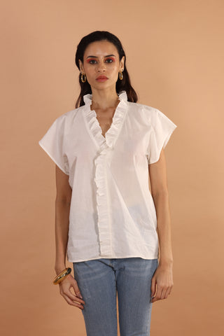 Classic White Ruffle V-Neck Top