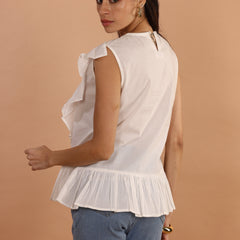White Ruffle Detail Sleeveless Cotton Top - Jiraazi
