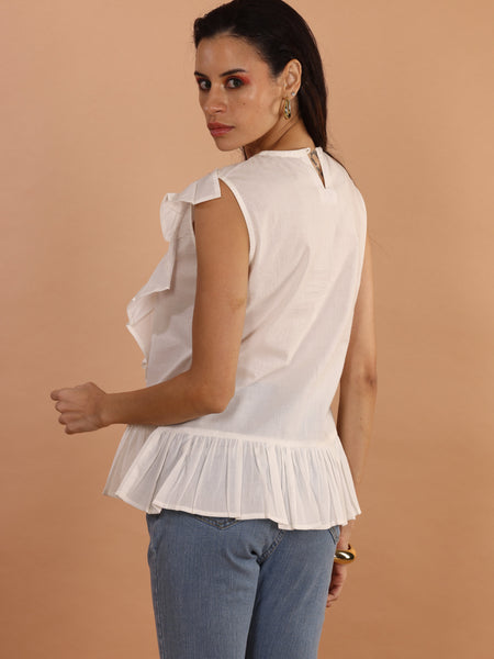 White Ruffle Detail Sleeveless Cotton Top - Jiraazi