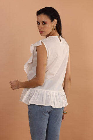 White Ruffle Detail Sleeveless Cotton Top