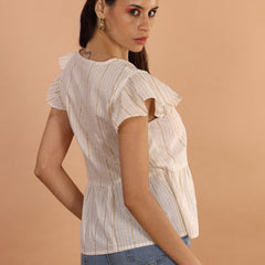 Ivory Gold Striped Ruffle Sleeve Top - Jiraazi