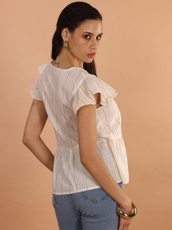 Ivory Gold Striped Ruffle Sleeve Top - Jiraazi