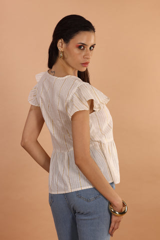 Ivory Gold Striped Ruffle Sleeve Top